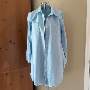 Chambray Denim Long Sleeve Shirt Dress. Unfinished raw hem